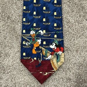 VTG Disney Mickey Donald Duck Fishing Necktie Blue Nautical Sailboat  90s